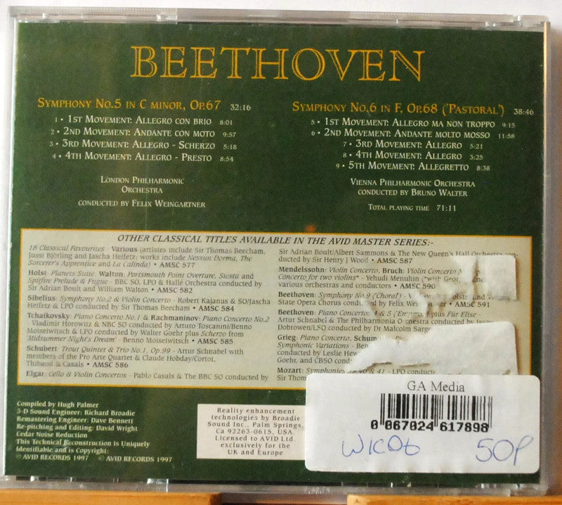 Beethoven: Symphonies 5 & 6 (Pastoral) - Weingartner/Walter (Avid Master Series)