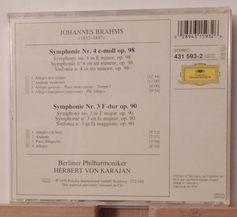 Brahms: Symphonies Nos. 3 & 4 by Berlin Philharmonic Orchestra/Herbert Von Karajan (CD, 1991)