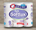 Purfs Softlux bathroom tissue packaging with lavender fragrance on a tiled wall background