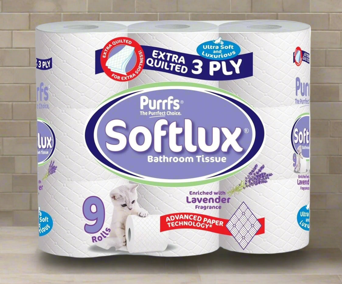Purfs Softlux bathroom tissue packaging with lavender fragrance on a tiled wall background