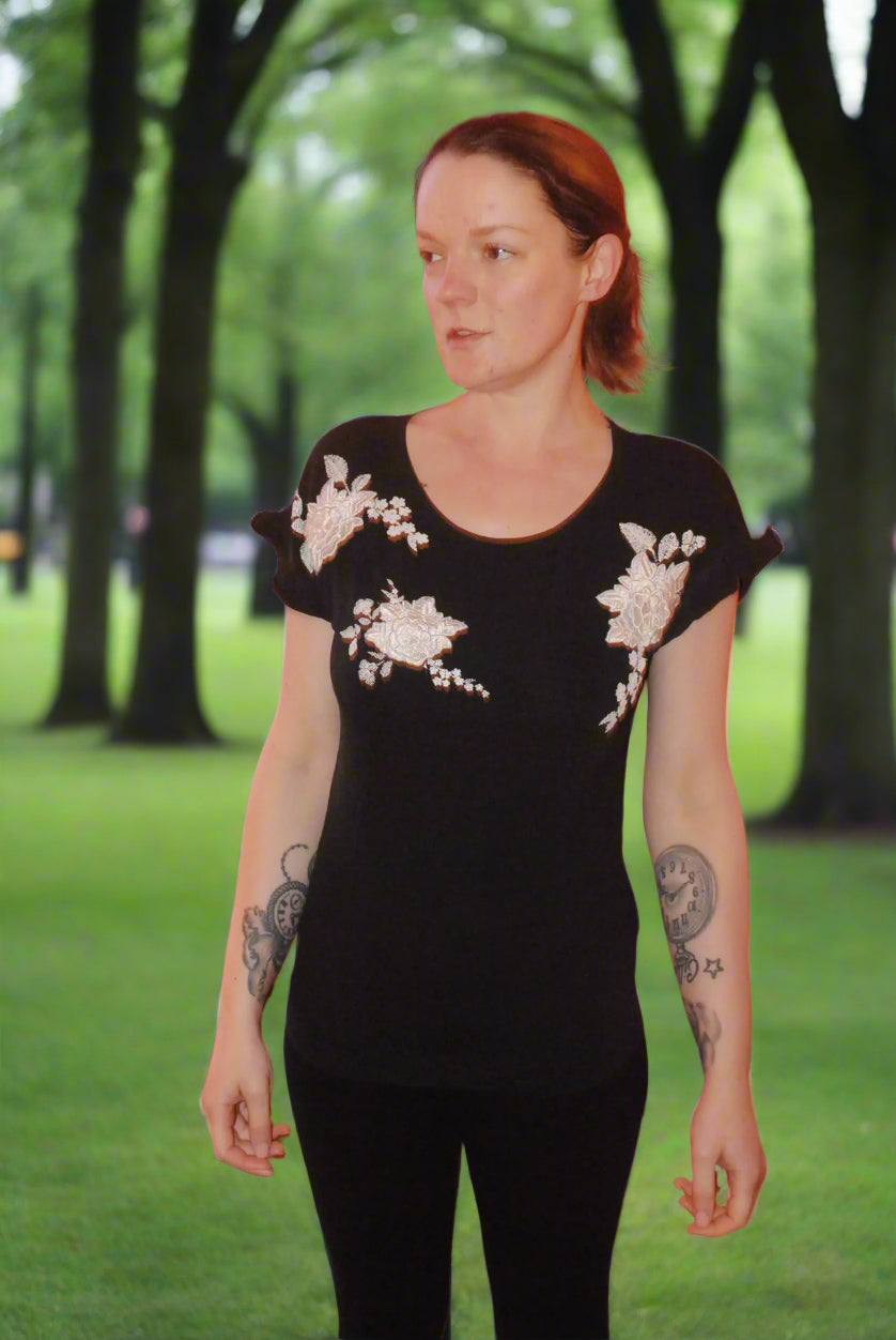 Orsay Black Top with 3D White Floral Detail - XS