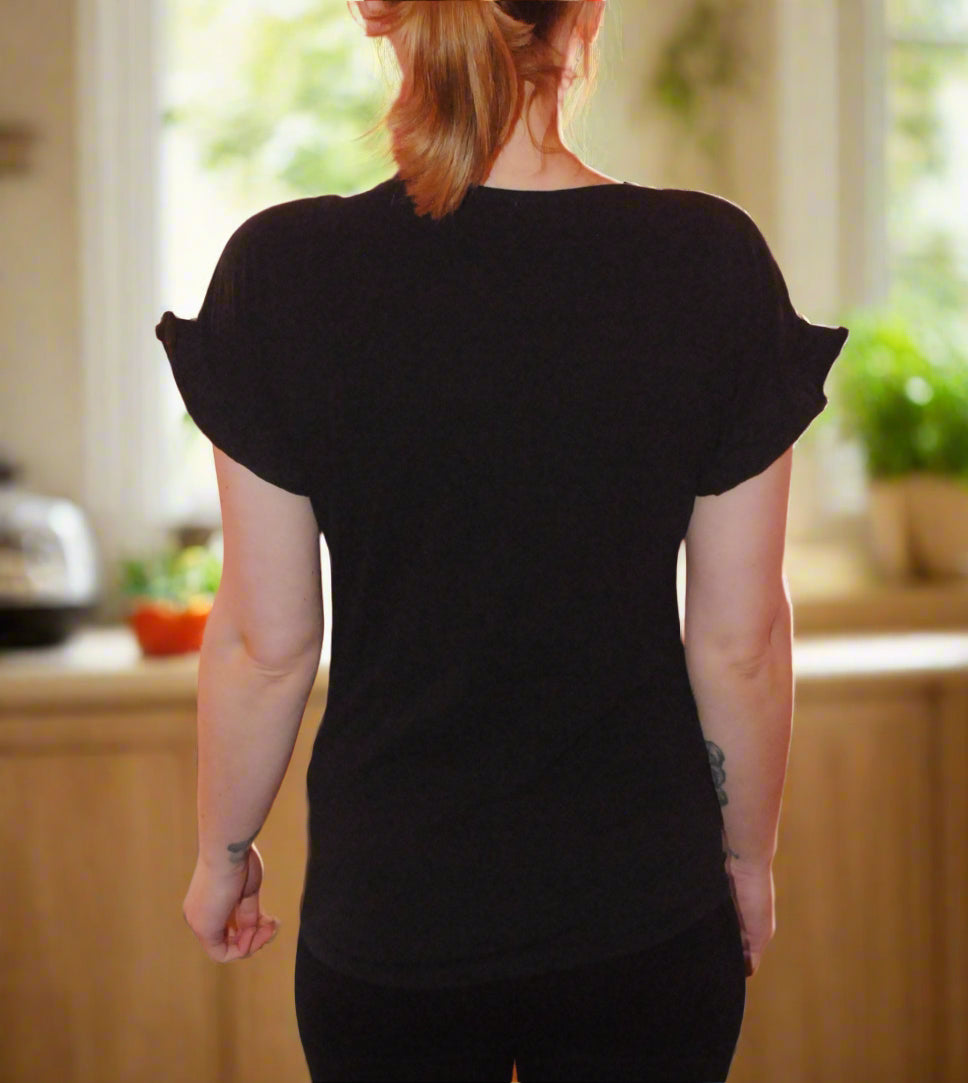 Orsay Black Top with 3D White Floral Detail - XS