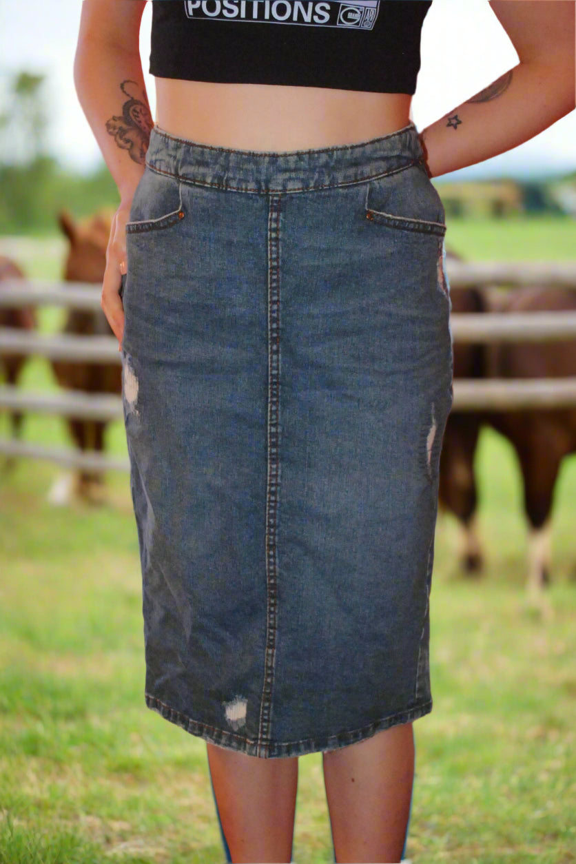 Denim Co Distressed Midi Skirt - UK 12 - Blue with Back Button Detail