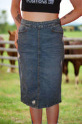 Denim Co Distressed Midi Skirt - UK 12 - Blue with Back Button Detail