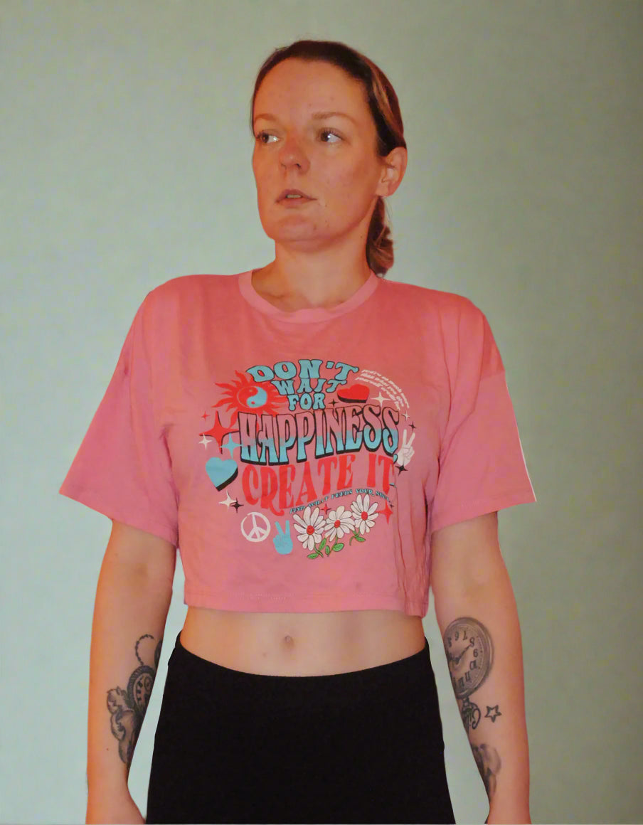 Primark Crop Top - UK 10 - Pink 'Don't Wait for Happiness' Short Sleeve