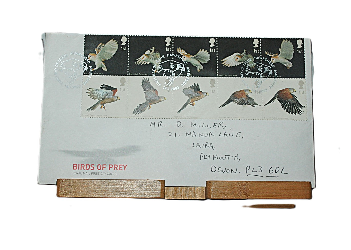 Envelope with Birds of Prey Stamps January 1, 2003 UK First Day Cover Stamps