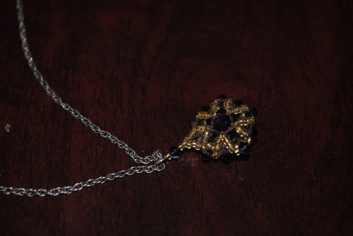 Handcrafted Seed Bead Heart Pendant Necklace - Gold & Navy