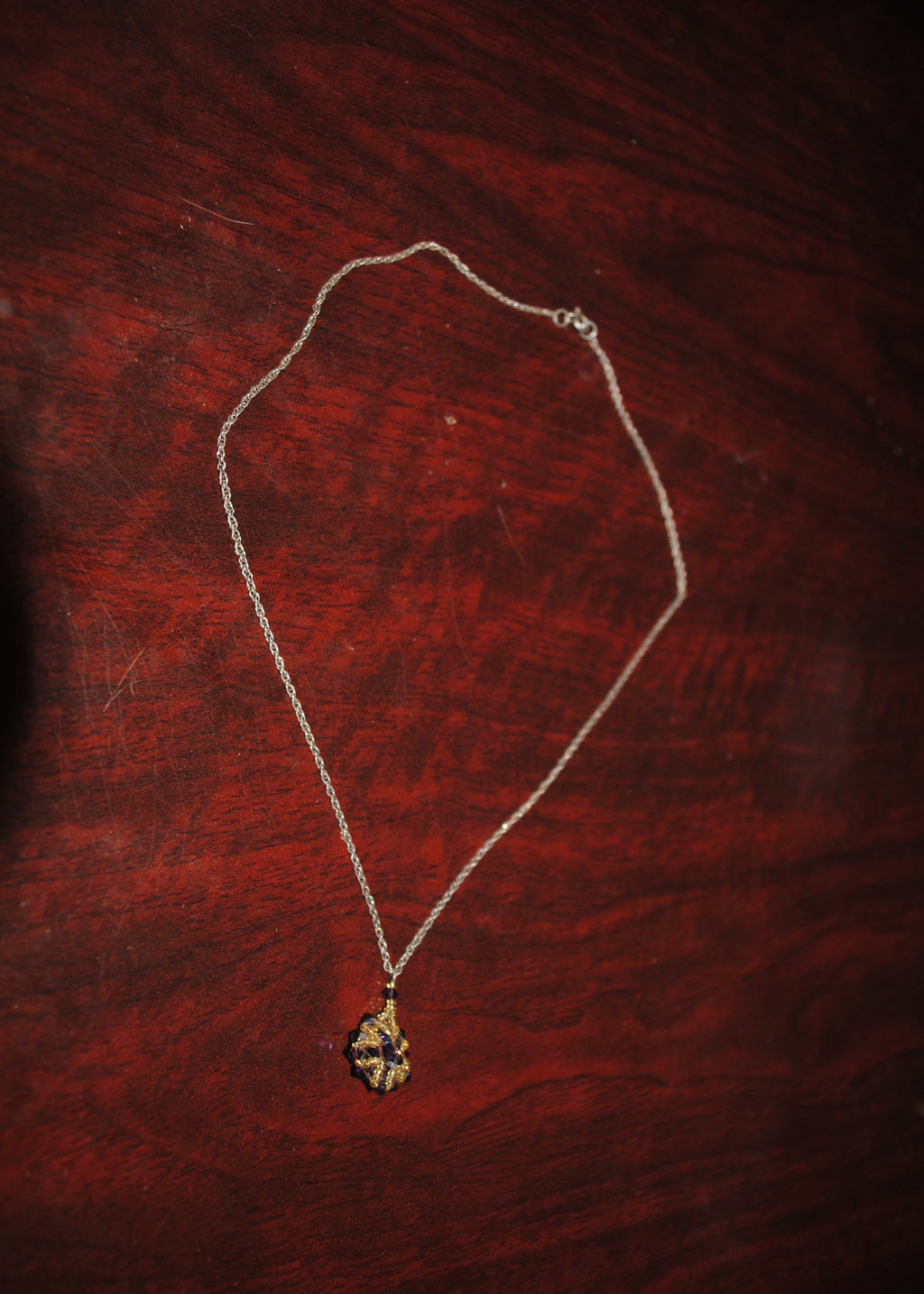 Handcrafted Seed Bead Heart Pendant Necklace - Gold & Navy