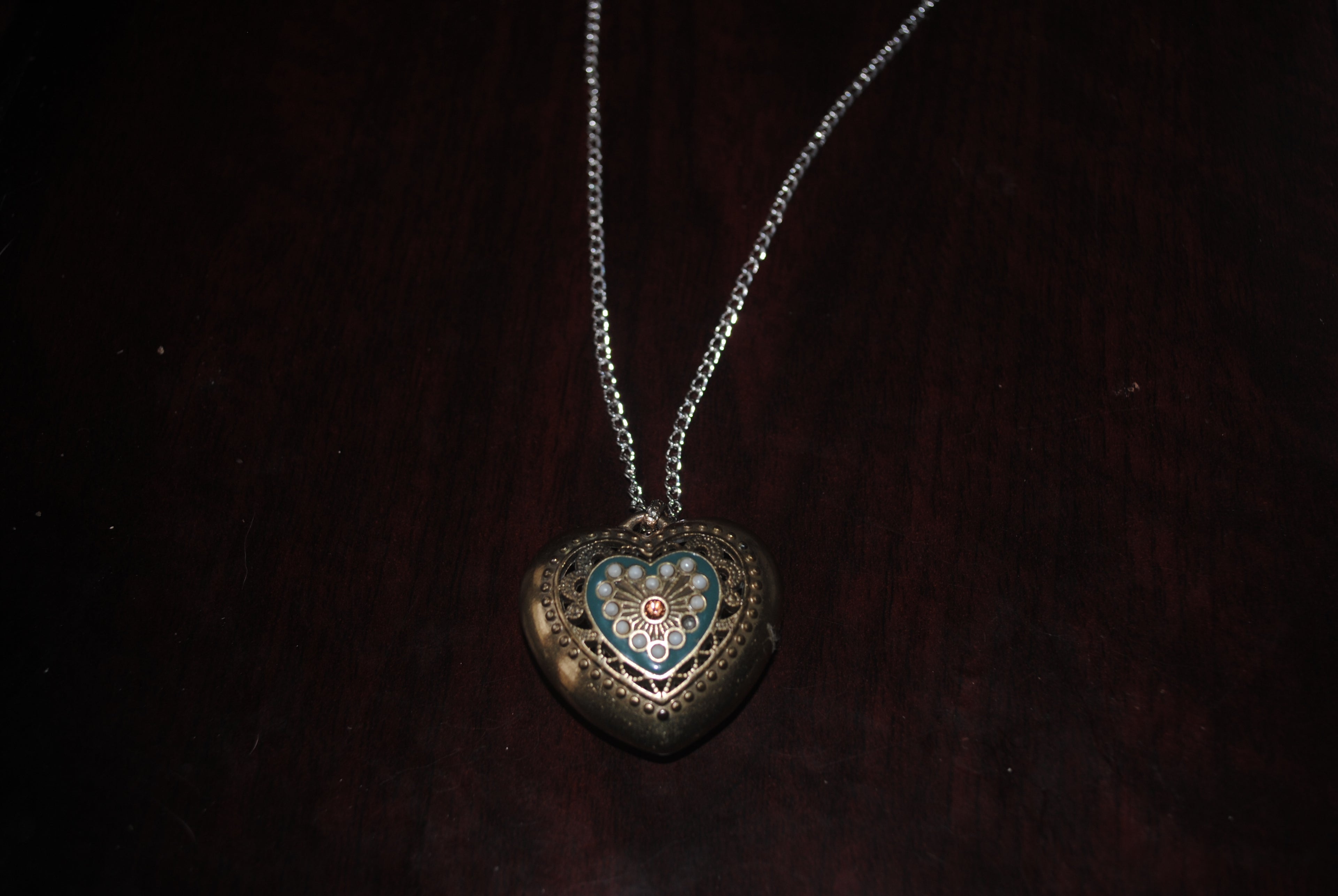 Bronze-Tone Heart Pendant Necklace with Teal Enamel & Pearl Detail