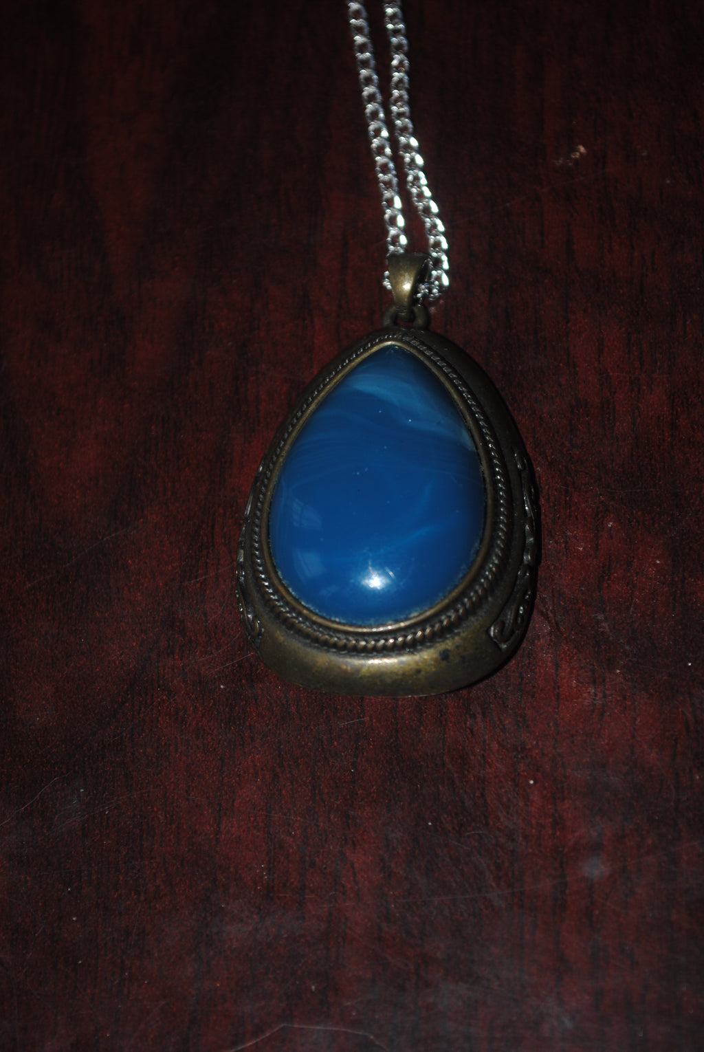 Brass-Tone Teardrop Pendant Necklace with Blue Enamel Cabochon