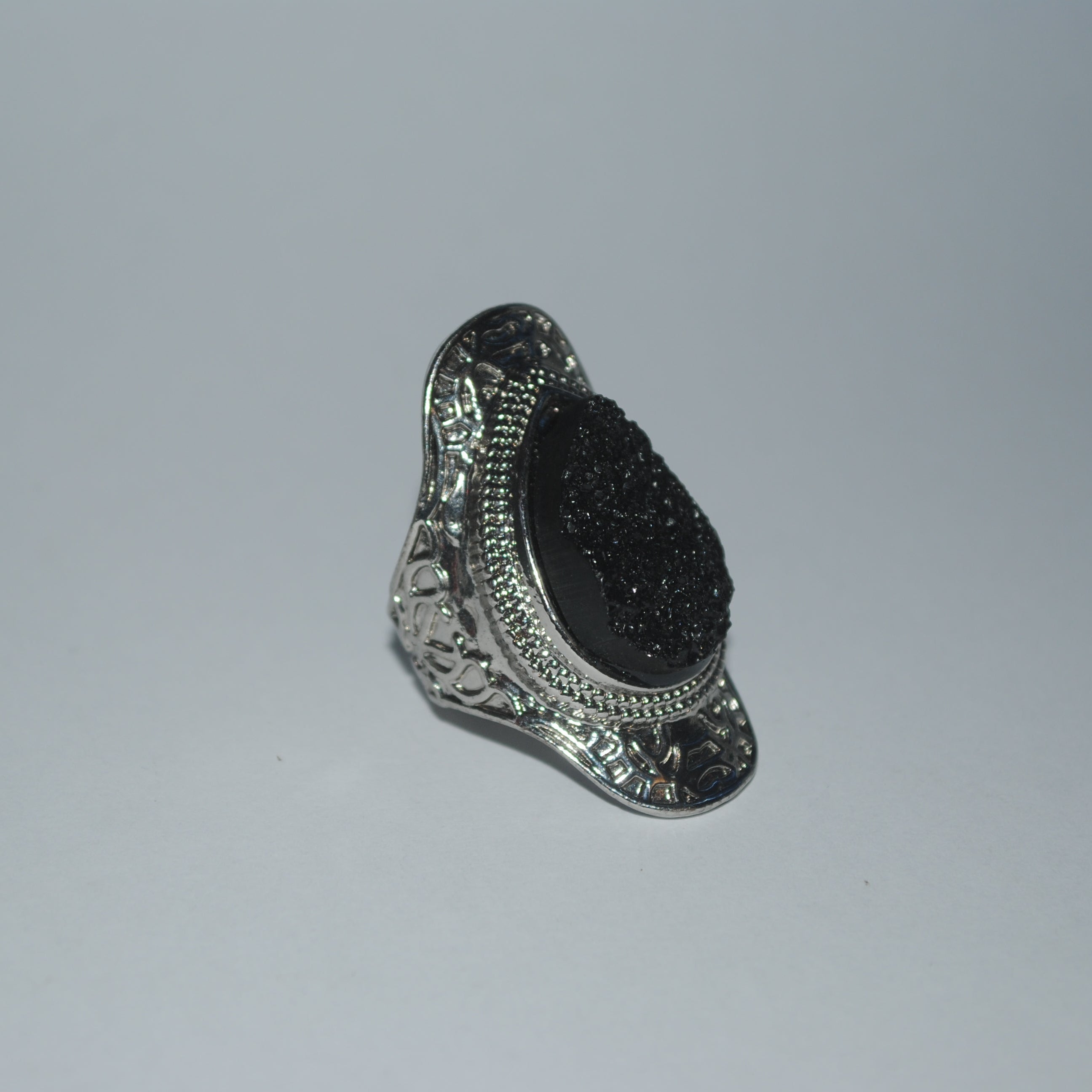 Black Druzy Filigree Statement Ring - Silver Tone