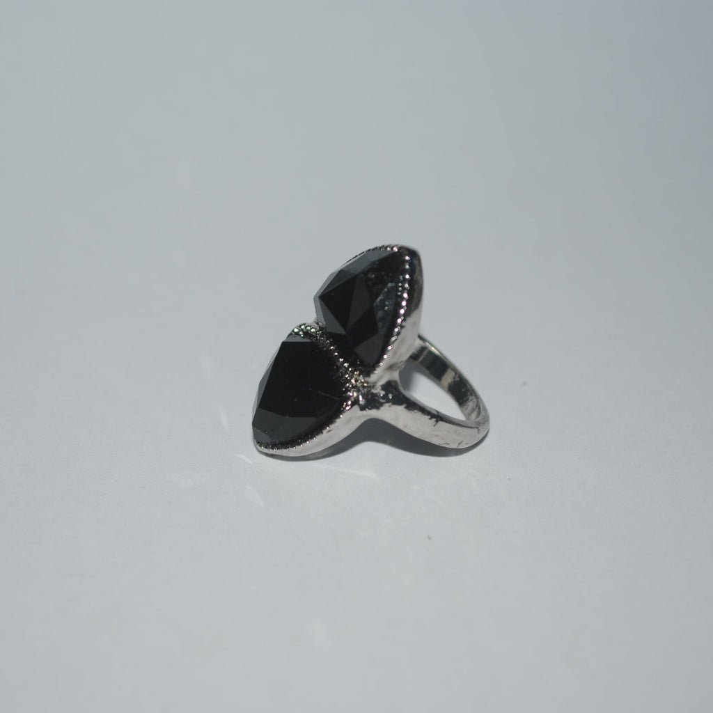 Black Onyx Double Stone Silver-Tone Statement Ring - Size Q