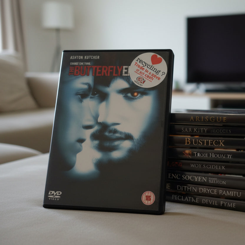 DVD of the 2004 psychological thriller film The Butterfly Effect, starring Ashton Kutcher