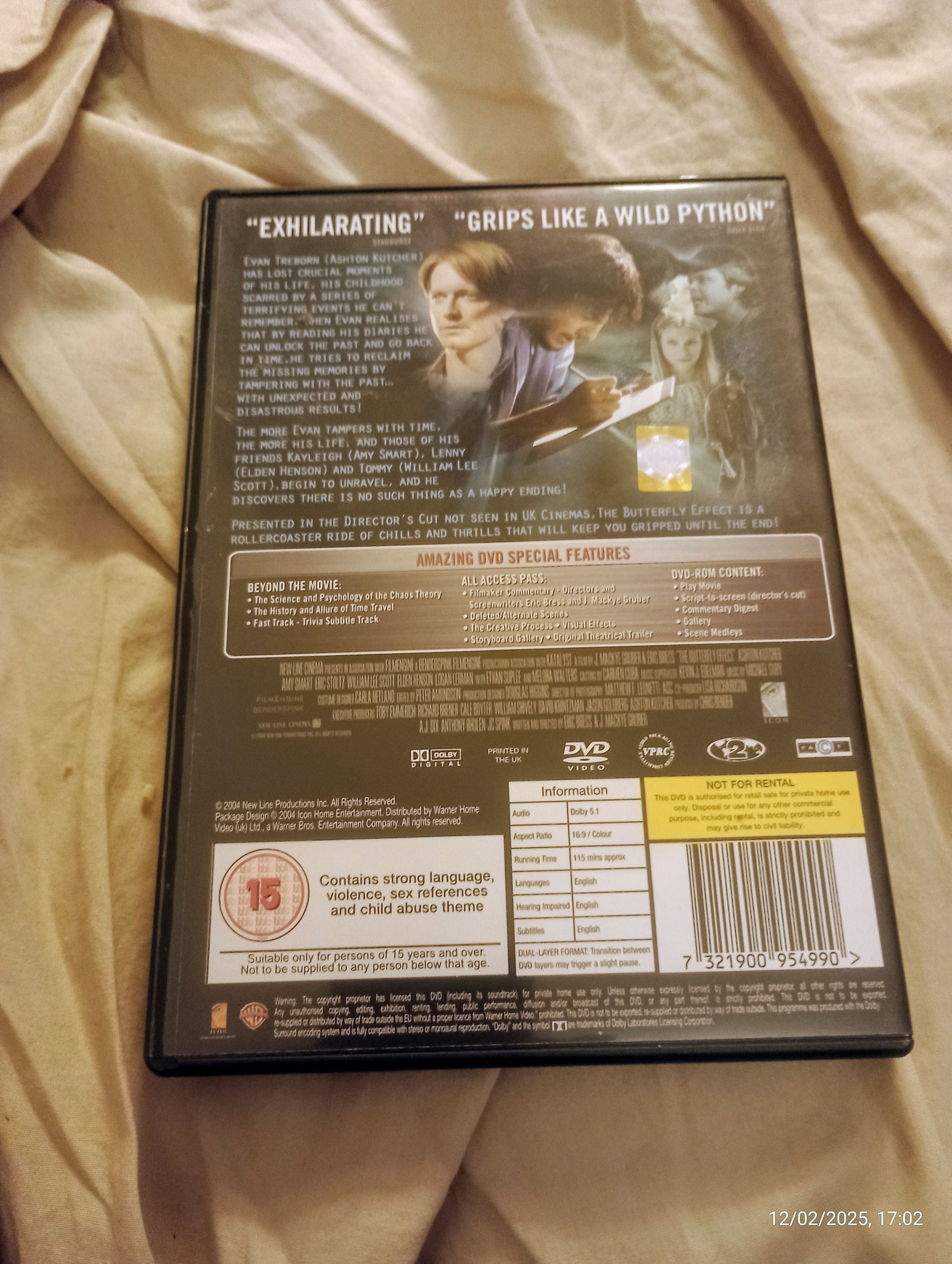 DVD of the 2004 psychological thriller film The Butterfly Effect, starring Ashton Kutcher
