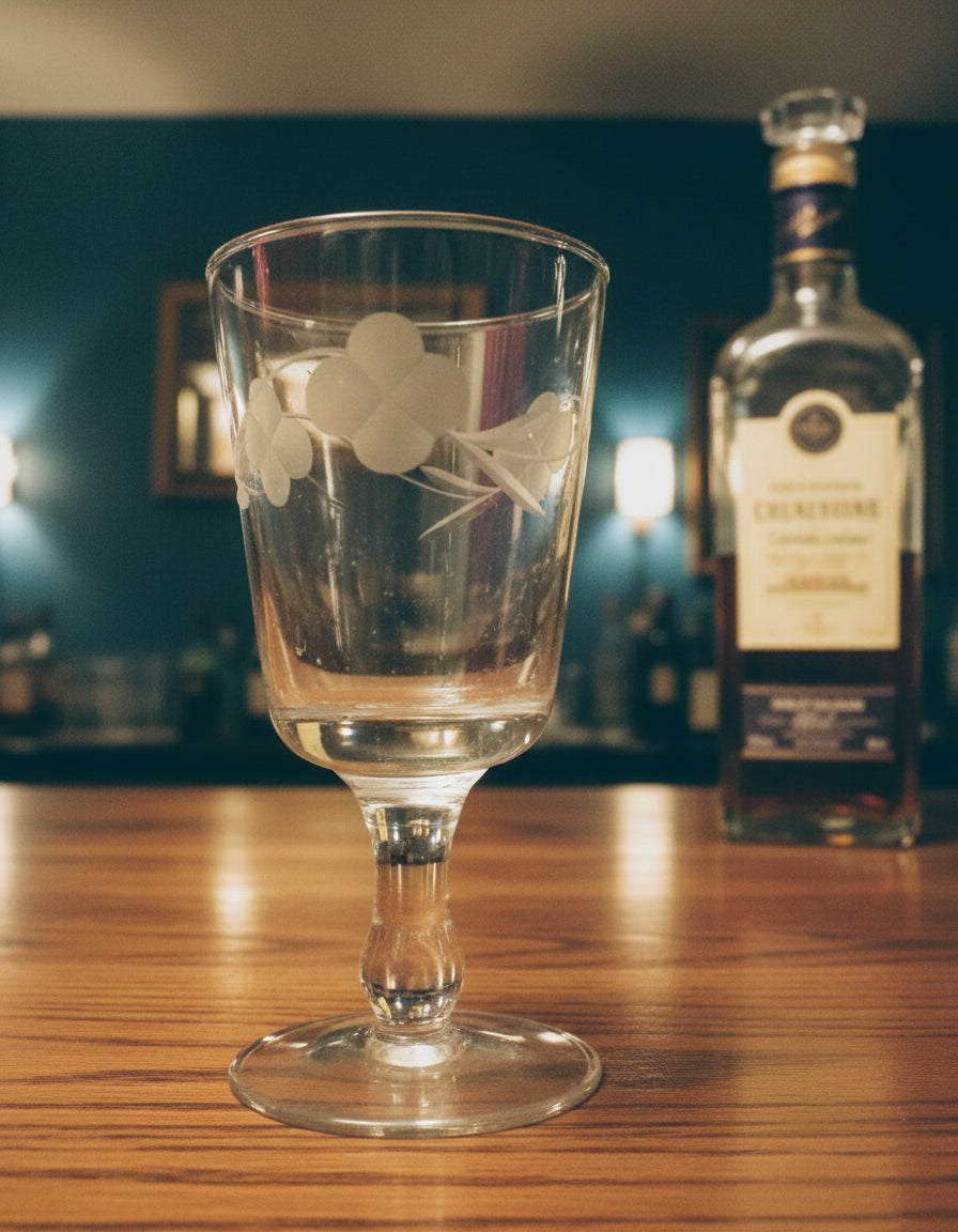 Vintage etched cordial or liqueur glass featuring a delicate floral pattern H=95mm D=50mm