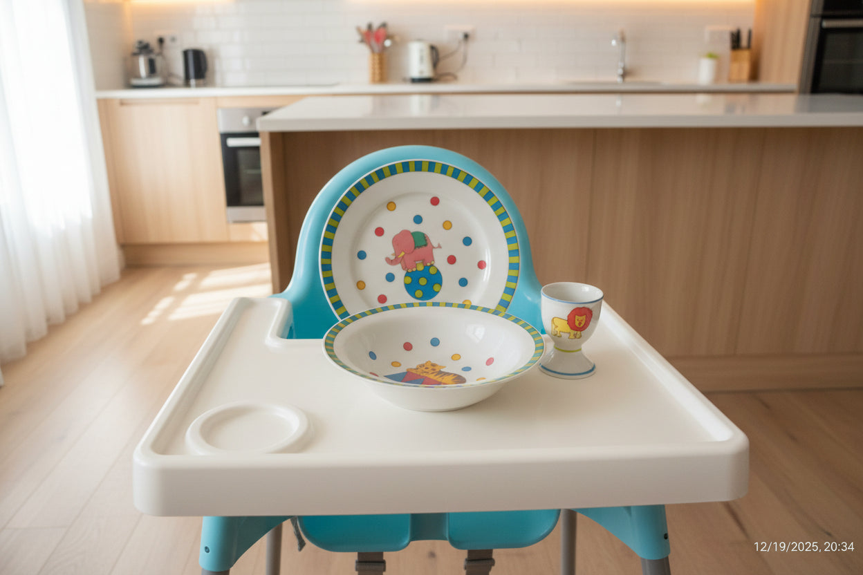Junior Homestore" 3 Piece Porcelain Breakfast Set, which includes one mug, one plate, and one bowl