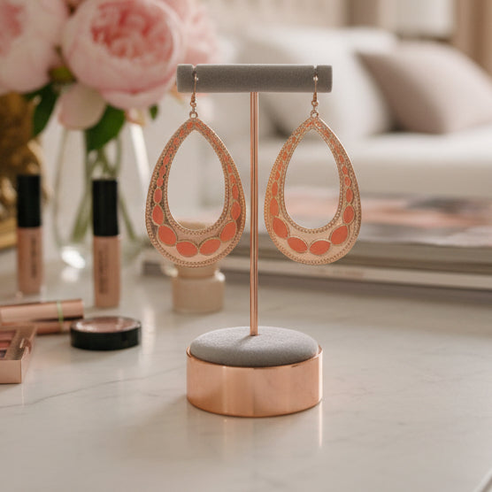 Preloved Pink & Gold Teardrop Statement Earrings - Bohemian Style