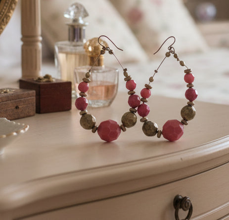 Preloved Bohemian Red & Brass Beaded Teardrop Earrings - Vintage Statement Jewellery