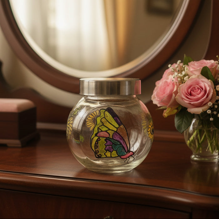 Hand-Painted Glass Storage Jar With Metal Lid - Butterfly & Floral Design