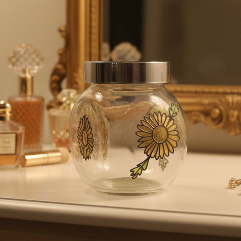 Hand-Painted Glass Storage Jar With Metal Lid - Butterfly & Floral Design