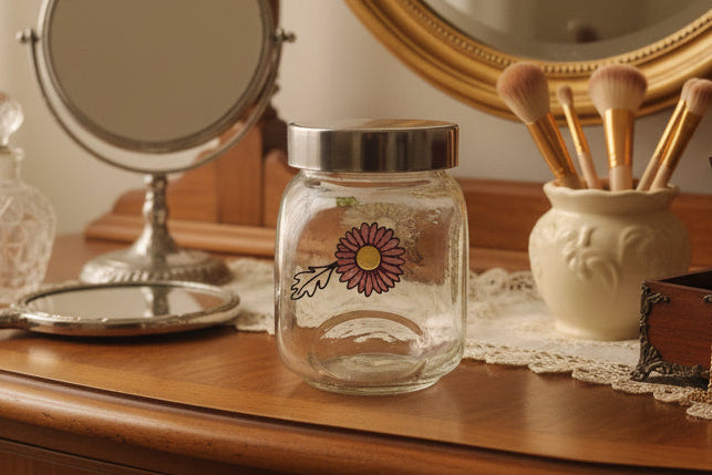 Hand-Painted Glass Storage Jar With Metal Lid - Butterfly & Floral Design