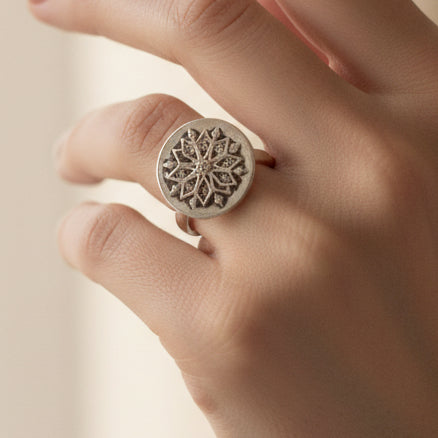 Filigree Mandala Band Ring Silver Tone Oxidised Detail, Q Size