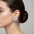 Vintage Filigree Flower Clip Earrings | AB Rhinestone Silver-Tone 40mm