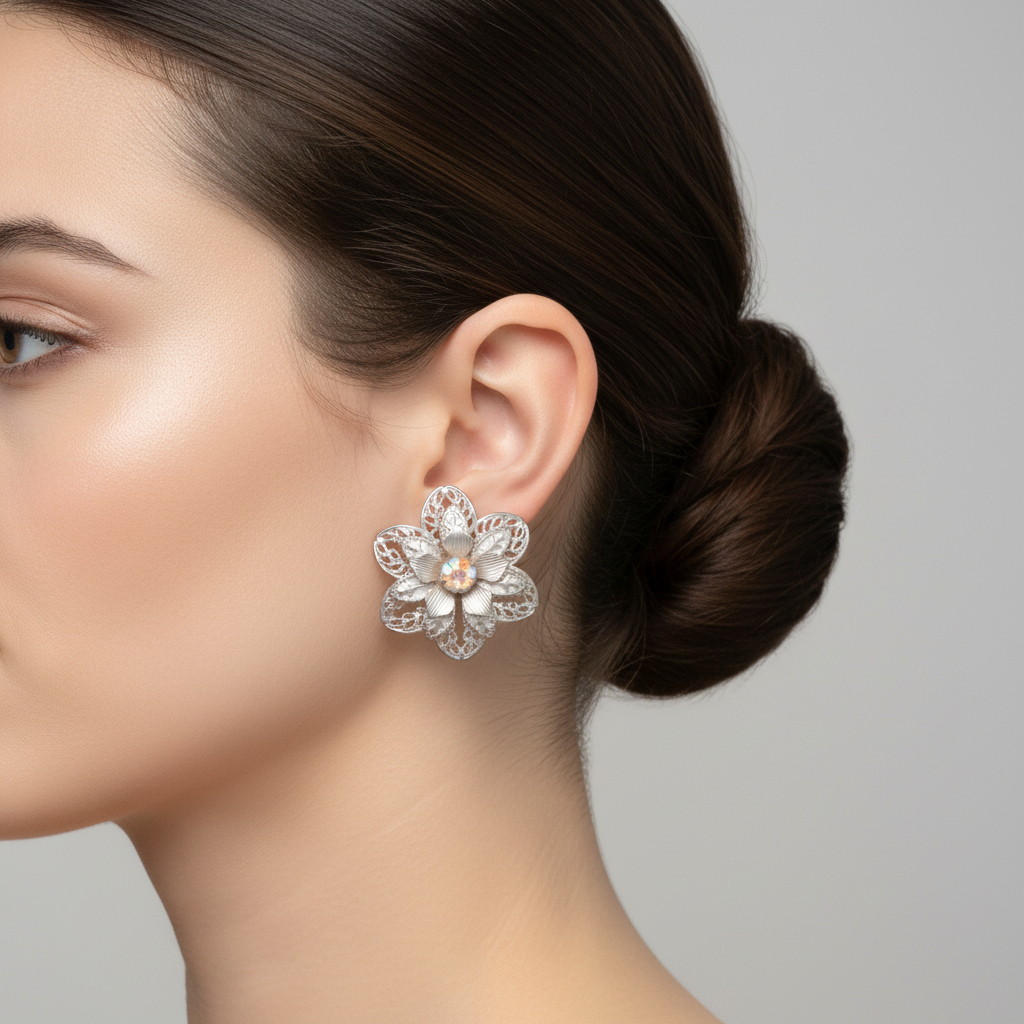 Vintage Filigree Flower Clip Earrings | AB Rhinestone Silver-Tone 40mm