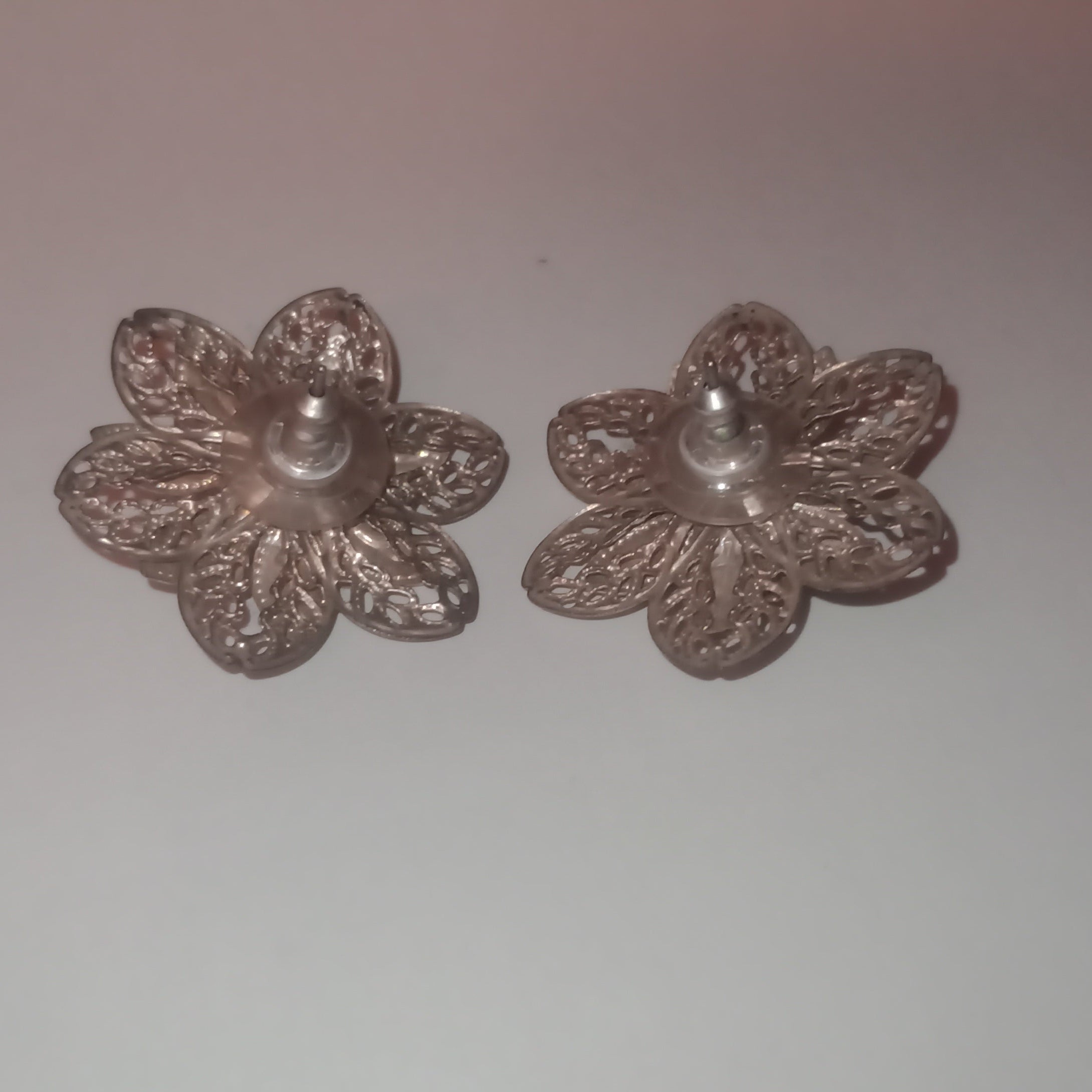 Vintage Filigree Flower Clip Earrings | AB Rhinestone Silver-Tone 40mm
