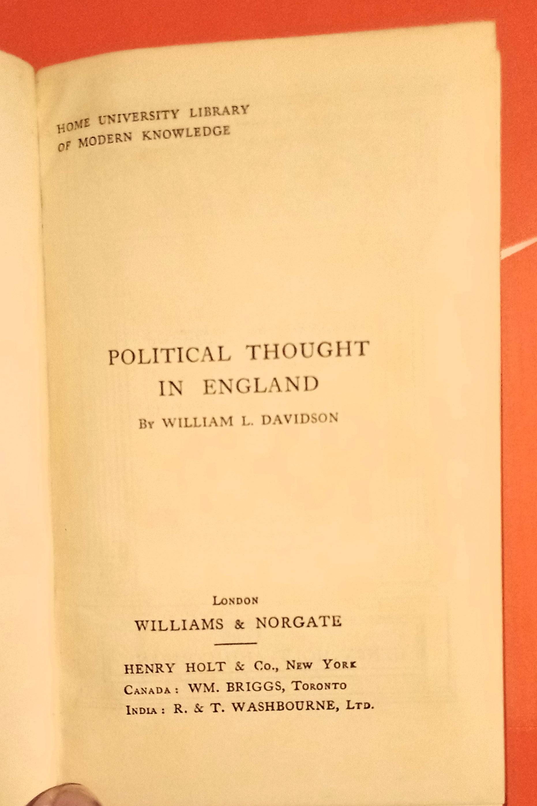 Political Thought in England by William L Davidson c1915