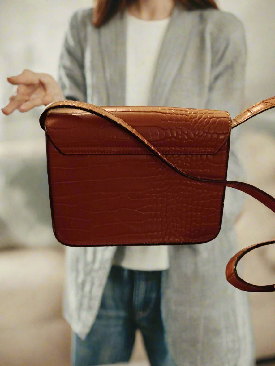 Deichmann Tan Crocodile-Embossed Cross Body Handbag