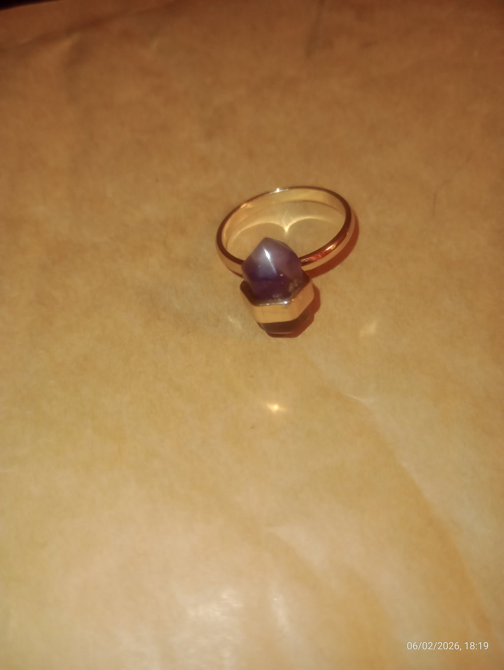 Gold-Tone Hexagonal Purple Stone Ring - Size N½