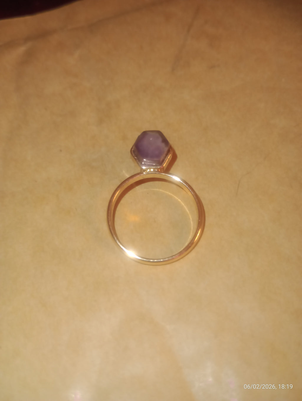 Gold-Tone Hexagonal Purple Stone Ring - Size N½