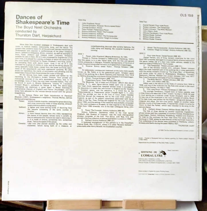 Dances of Shakespeare's Time - Boyd Neel Orchestra (Vinyl LP, Oiseau-Lyre OLS 159)