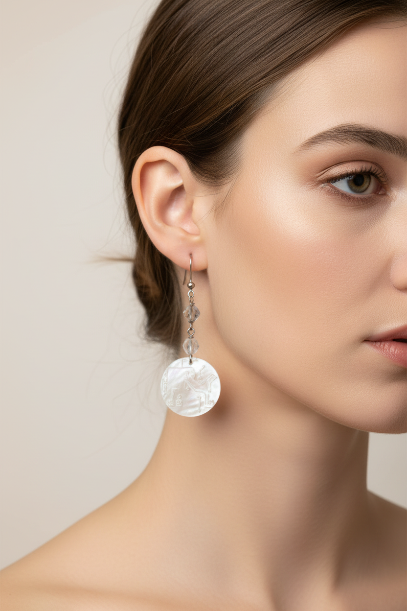 Shell disc earrings worn on ear