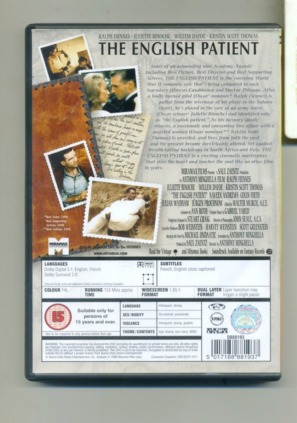 The English Patient DVD (2001) Ralph Fiennes, Minghella (DIR) cert 15