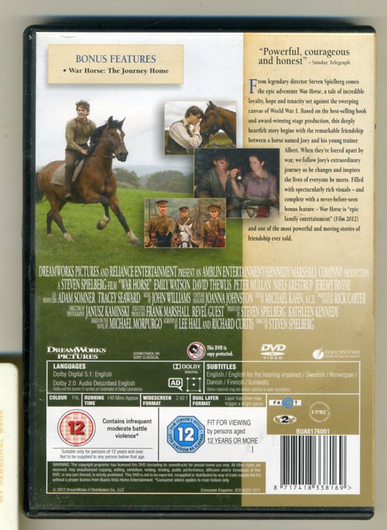 War Horse DVD (2012) Jeremy Irvine, Spielberg (DIR) cert 12