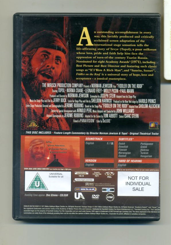 Fiddler On the Roof DVD (2003) Chaim Topol, Jewison (DIR) cert PG